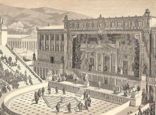 Reconstrucion ot the theatre of Dionysus in Athens, in Roman times. From the German 1891 encyclopedia Joseph Kürschner